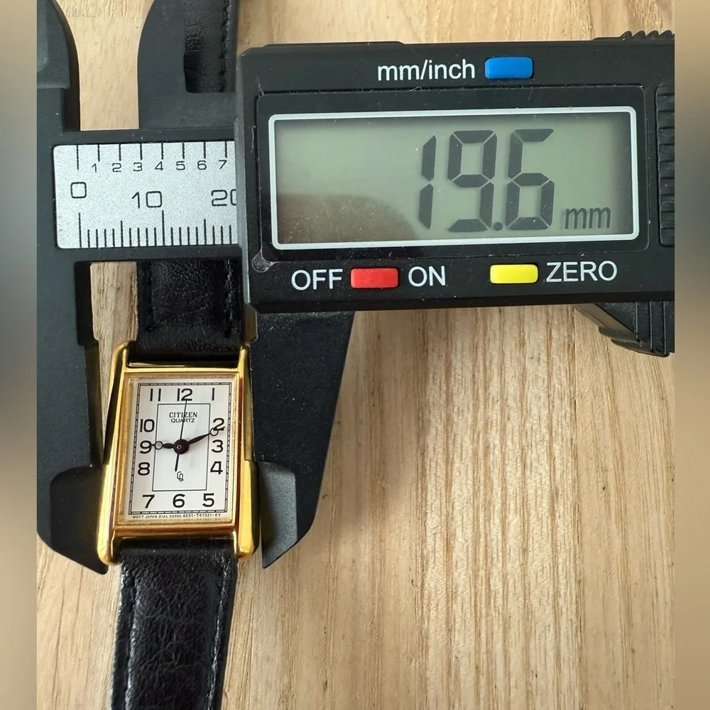 Citizen Quartz ladies tank rectangular gold tone black leather watch NEW BATTERY